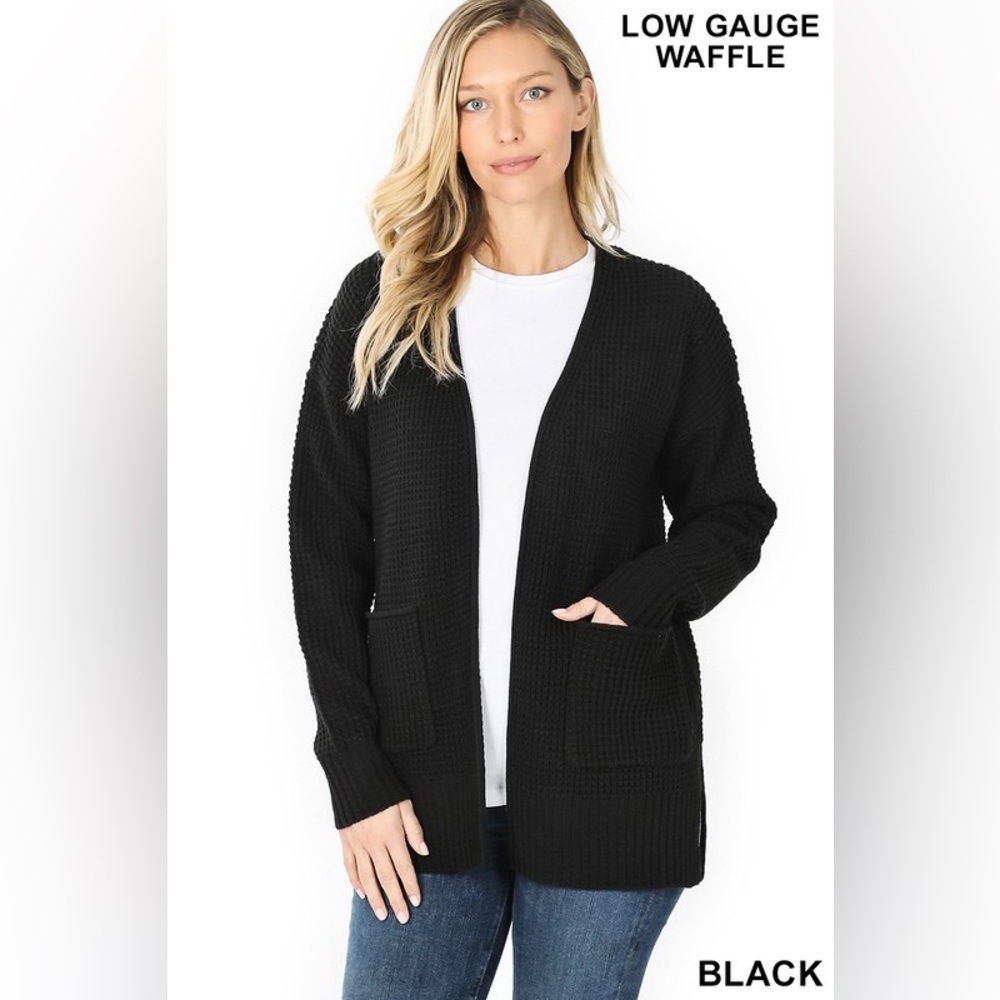 New open Front Black Waffle Knit Cardigan